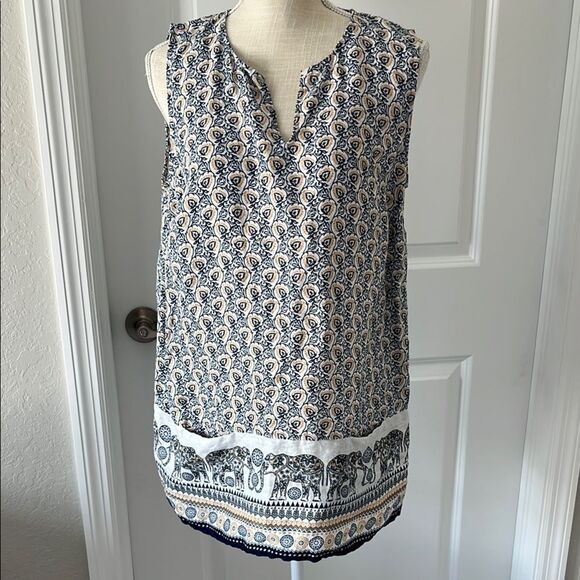 J. Jill Blue Elephant Parade Trim Pockets Linen Tunic SZ M/L - Picture 1 of 10